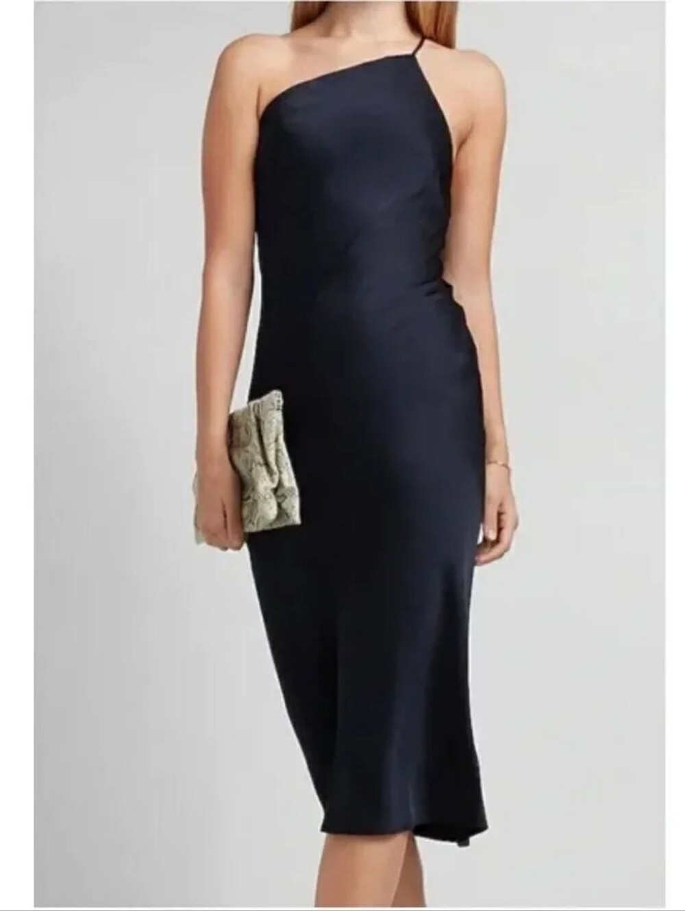 Express Navy Blue Satin Cross Back One-Shoulder Navy Dress